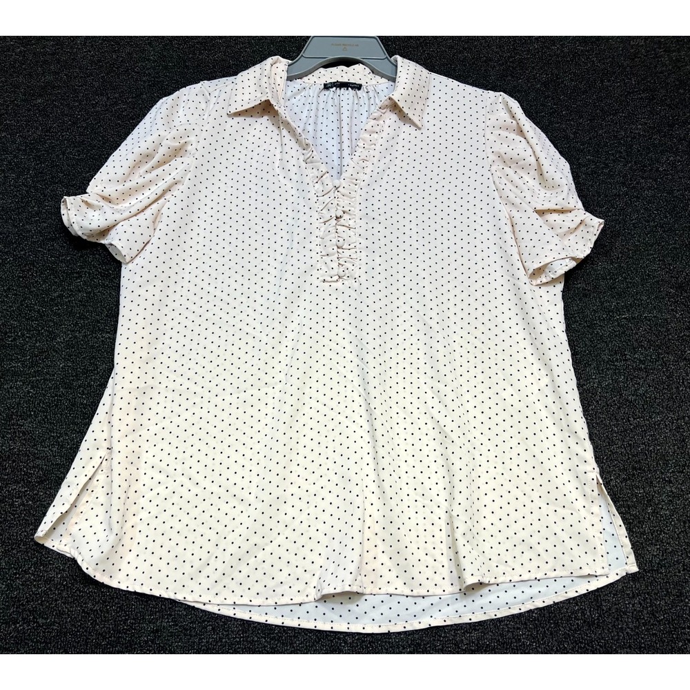 Adrianna Papell Blouse Top Womens XL Light Pink Polka Dot Pleated Side Slit